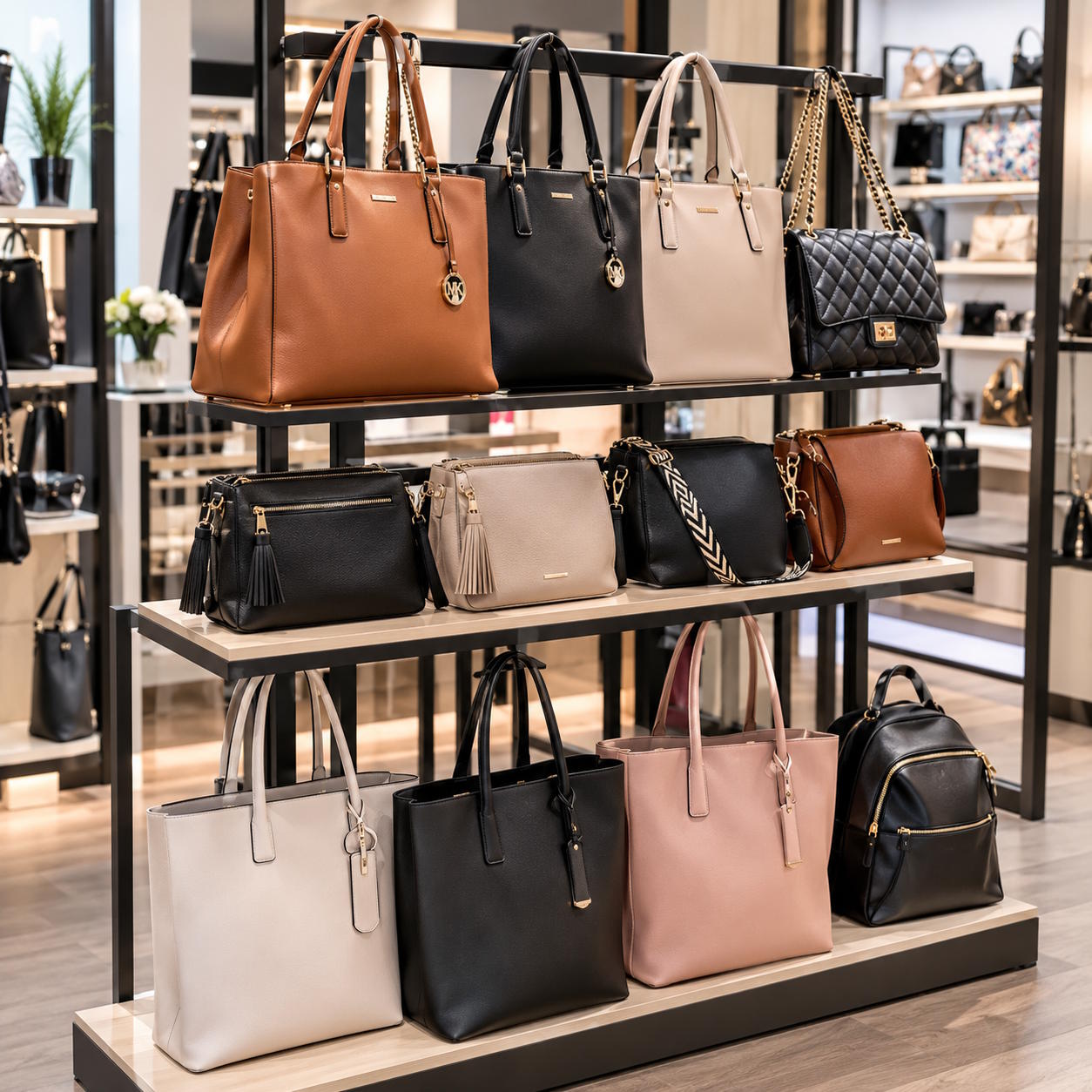 Handtaschen auf einen Verkausständer
